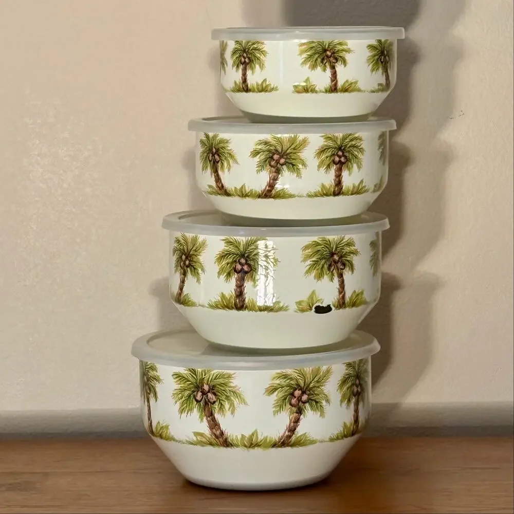 Tabletops Unlimited Palm Grove Enamel Nesting Mixing Bowls Set 4 w Lids